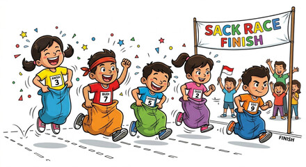 Happy Indonesian children participating in traditional sack race outdoor game cartoon