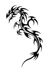 Fototapeta premium Intricate Tribal Dragon Tattoo With Sharp Spikes And Curving Tail In Bold Black Ink Style