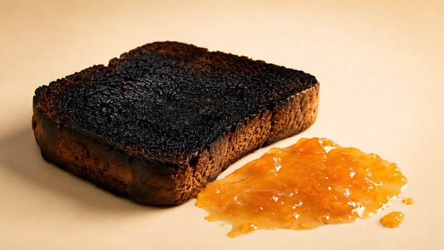 Burnt slice of bread with chunky orange marmalade on a beige surface burnt food toast and jam breakfast fail food photography food waste ruined breakfast kitchen disaster