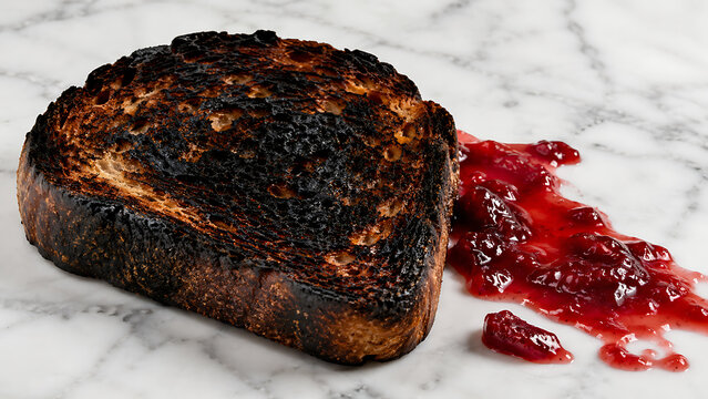 Charred slice of bread with red jam on a marble countertop burnt food toast and jam breakfast fail food photography food waste ruined breakfast kitchen disaster breakfast