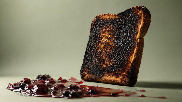 Burnt toast and spilled berry jam on textured surface with breakfast blackened accident disaster domestic foodstuff overcooked preserve unappetizing unsuccessful unwanted