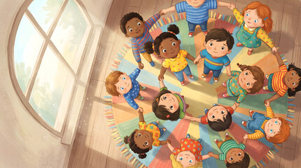 Fototapeta premium A group of happy children holding hands in a circle on a colorful rug