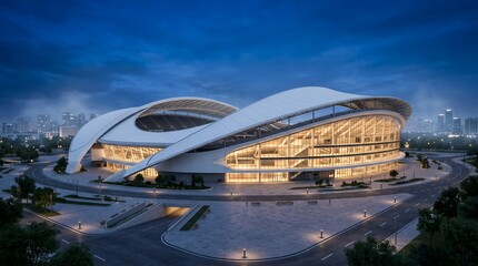 Obraz premium Modern stadium architecture at night with dramatic lighting sports arena stadium design stadium exterior sports venue stadium building stadium urban