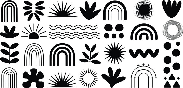 Minimalist black boho icons grid, abstract shapes and symbols, modern geometric rainbows, sunbursts, leaves, waves, decorative motifs