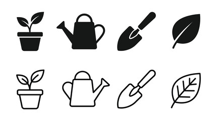 Set of gardening icons, including potted plant, watering can, shovel, and leaf, in solid and outline styles © Hikari Vector Studio