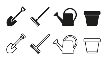 Obraz premium Set of gardening tools icons, shovel, rake, watering can and flower pot, solid and outline style