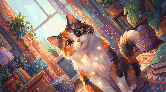 A cute calico cat sitting indoors with sunlight and green plants