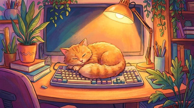 Cute orange cat sleeping on computer keyboard at a cozy desk with plants and books