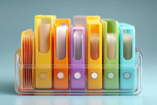 Colorful file folders organized in clear desktop holder soft light