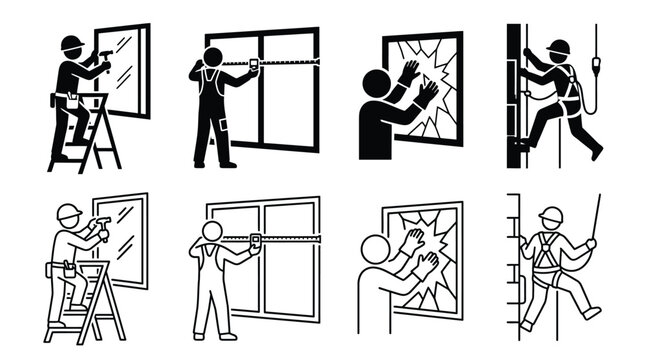 Set of window repair icons, glazier working with glass, measuring, installing and cleaning windows, vector illustration