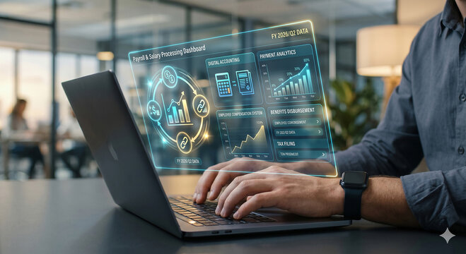 Digital payroll and salary processing dashboard displaying employee compensation and payment analytics metrics