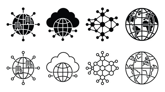 Set of global network and cloud computing icons vector illustration of worldwide connection, internet technology, and digital communication symbols