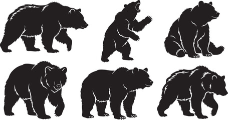 Bold black bear silhouette standing upright with detailed fur texture on white background. © CreatifyStudio