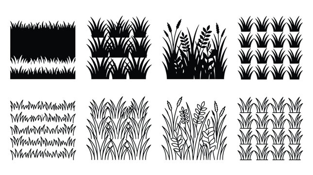 Set of grass silhouettes and line art icons, collection of various meadow plants, herbs and lawn textures