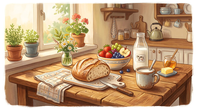 fresh bread fruit and milk breakfast on wooden table near window with plants