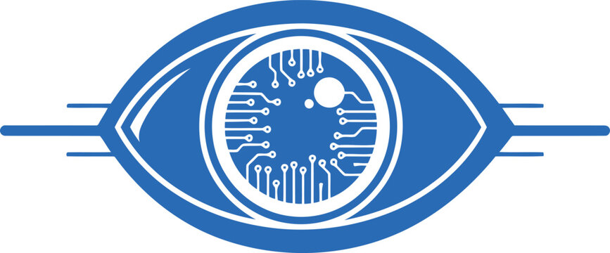 Modern stylized eye logo with circuit board design representing technology vision concept