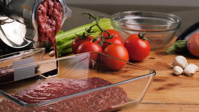 Meat grinder making chicken turkey burger, grinds the meat into minced meat. Minced pork, beef, protein food preparation.