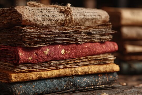 Stack of ancient manuscripts and textured fabrics in warm light