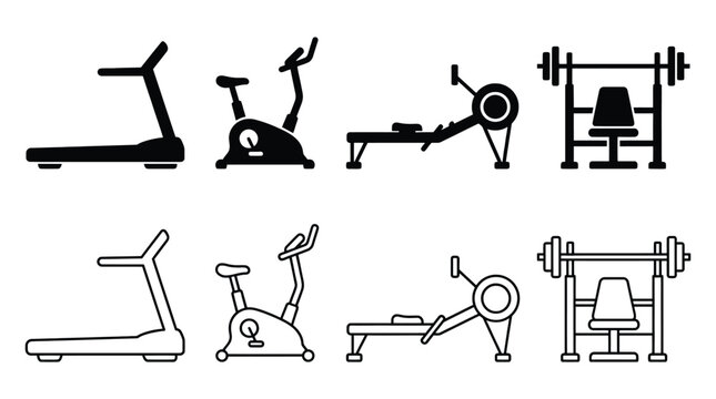 Set of gym equipment icons, treadmill, exercise bike, rowing machine and bench press, fitness icons, vector illustration