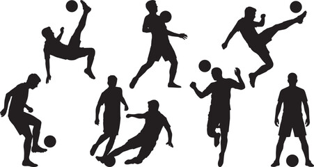 Dynamic soccer player silhouette kicking ball in action pose, black figure on white background. © CreatifyStudio
