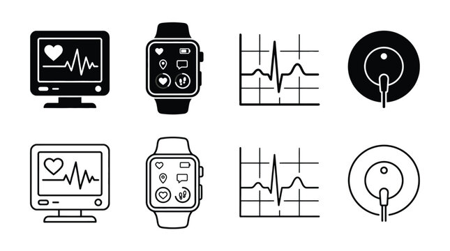 Set of medical icons including heart rate monitor, smartwatch, ecg graph, and electrode patch, vector illustration