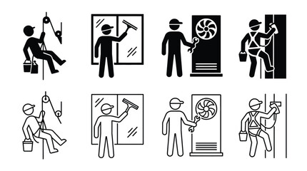 Set of industrial cleaning and maintenance icons, including window washing, hvac repair, and highaltitude work with safety harness, vector illustration © Hikari Vector Studio