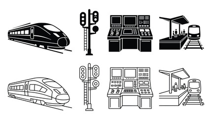 Set of railway transport icons in solid and outline style, including high speed train, signal light, control panel and train station platform © Hikari Vector Studio
