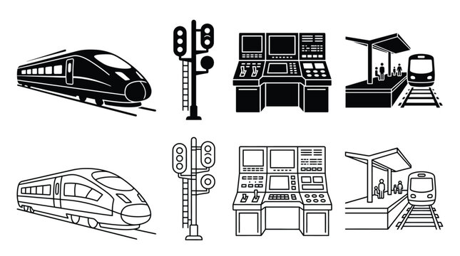 Set of railway transport icons in solid and outline style, including high speed train, signal light, control panel and train station platform