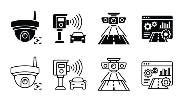 Set of traffic monitoring and smart city surveillance icons, including cctv cameras, vehicle speed detection, road monitoring, and data analysis software interface, vector illustration