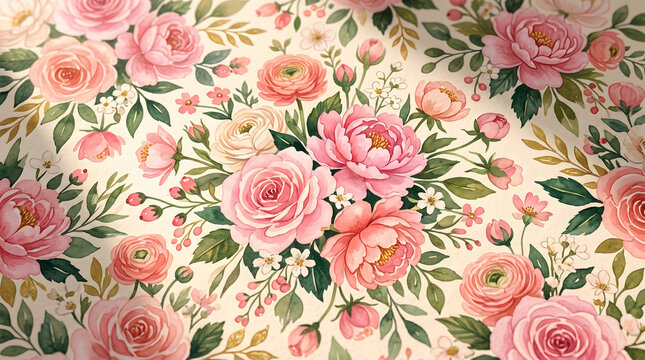 Seamless floral pattern with pink roses and peonies on a vintage background