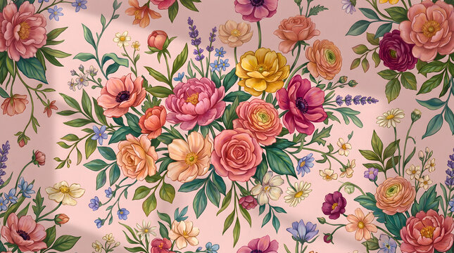 Seamless floral pattern illustration with colorful roses and peonies on pink background