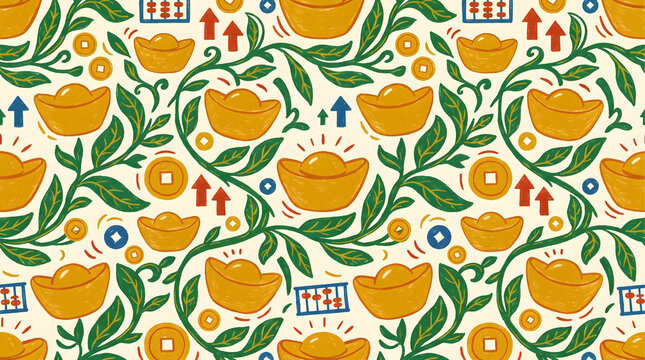 Chinese style background with gold ingots coins and abacus patterns