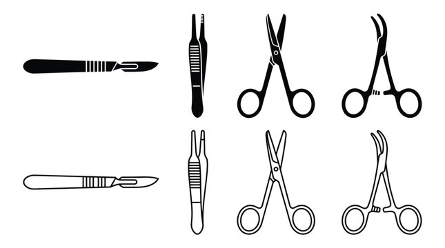 Set of surgical instruments, scalpel, tweezers, scissors and hemostat, medical tools for surgery, vector icons