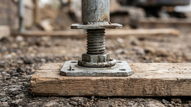 Close-up of an adjustable scaffold base jack screwed into a sole board levelling the foot of a scaffold standard on uneven ground during a scaffold-erection operation at a worksite