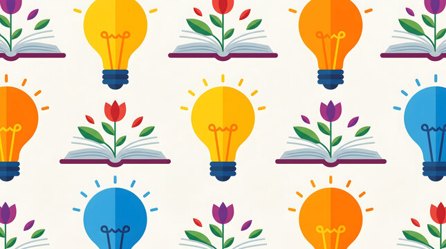 Creative seamless pattern background with books flowers and light bulbs