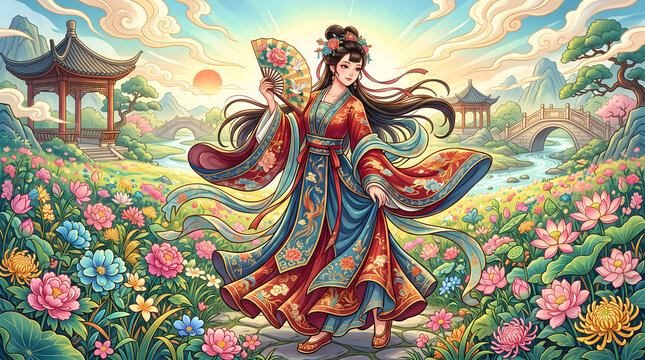 Ancient style woman holding a fan walking in a garden full of flowers