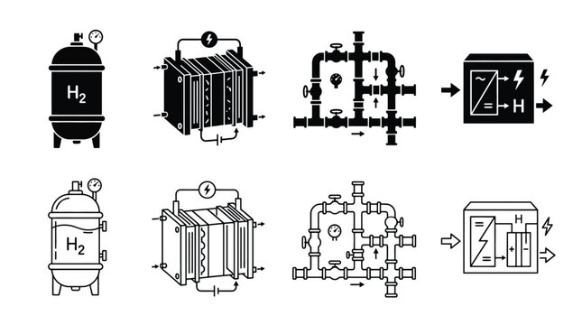 Hydrogen energy production and storage icons set, including fuel cell, gas tank, pipeline system and power converter, vector illustration