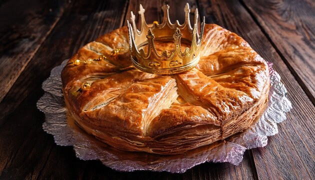 galette des rois traditionnelle avec une couronne doree posee dessus du sucre glace decore ce gateau pour la fete des rois mages delicieux dessert francais qui celebre le debut daannee specialite