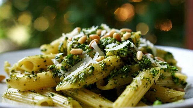 Closeup pesto penne with pine nuts and shaved cheese, soft green-gold bokeh glow, crisp herb detail and luminous clarity