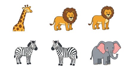 Obraz premium Wild animals including giraffe, lions, zebras, and elephant in savannah landscape scene