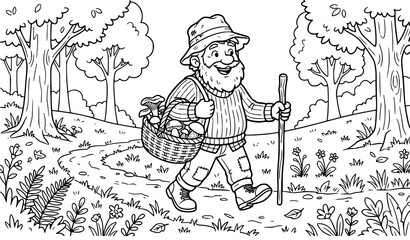 Cute Forest Mushroom Hunter Cartoon Outline Coloring Page Vector © Joy