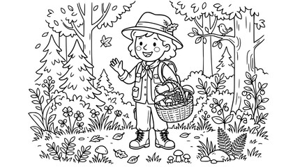 Smiling Mushroom Picker with Wild Forest Mushrooms Coloring Book Vector Illustration © Joy