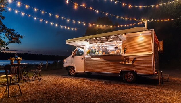 outdoor food truck at night under string lights