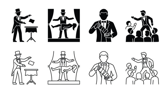Magician icons set illusionist performing magic tricks, levitating woman, card manipulation and show for audience vector illustration