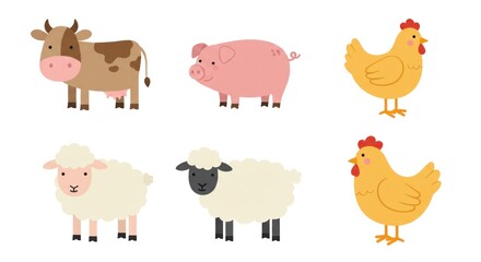 Fototapeta premium Farm animals standing together on a plain background, including cow, pig, chickens, sheep.