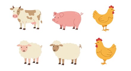 Fototapeta premium Farm animals standing together including cow, pig, chickens, and sheep.