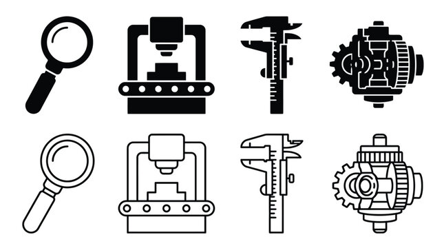 Set of engineering and manufacturing icons, including magnifying glass, industrial press, vernier caliper, and mechanical gear assembly