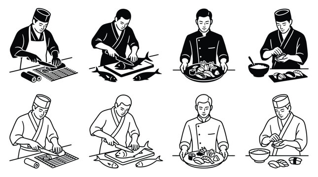 Set of sushi chefs preparing and serving sushi and sashimi, black and white vector illustration