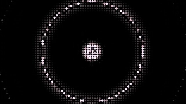 Tibetan Singing Bowl Halftone Resonance Animation: Bronze Standing Wave Interference Pattern, Radial Harmonic Ring Simulation, Sacred Sound Visualization on Black Background