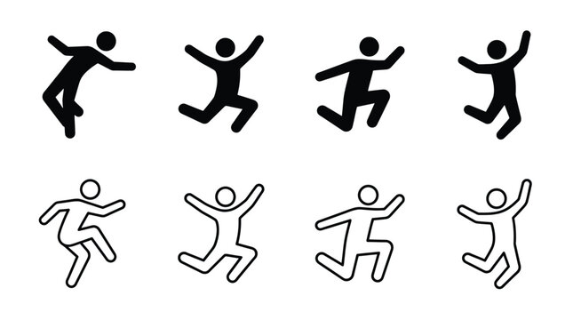 Set of jumping people icons, stick figures in various poses